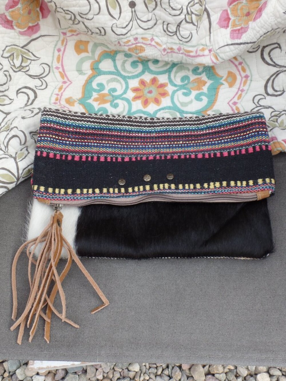 Bhrayna Bag Pony Tribal Design Fold Over Cotton & Leather Clutch